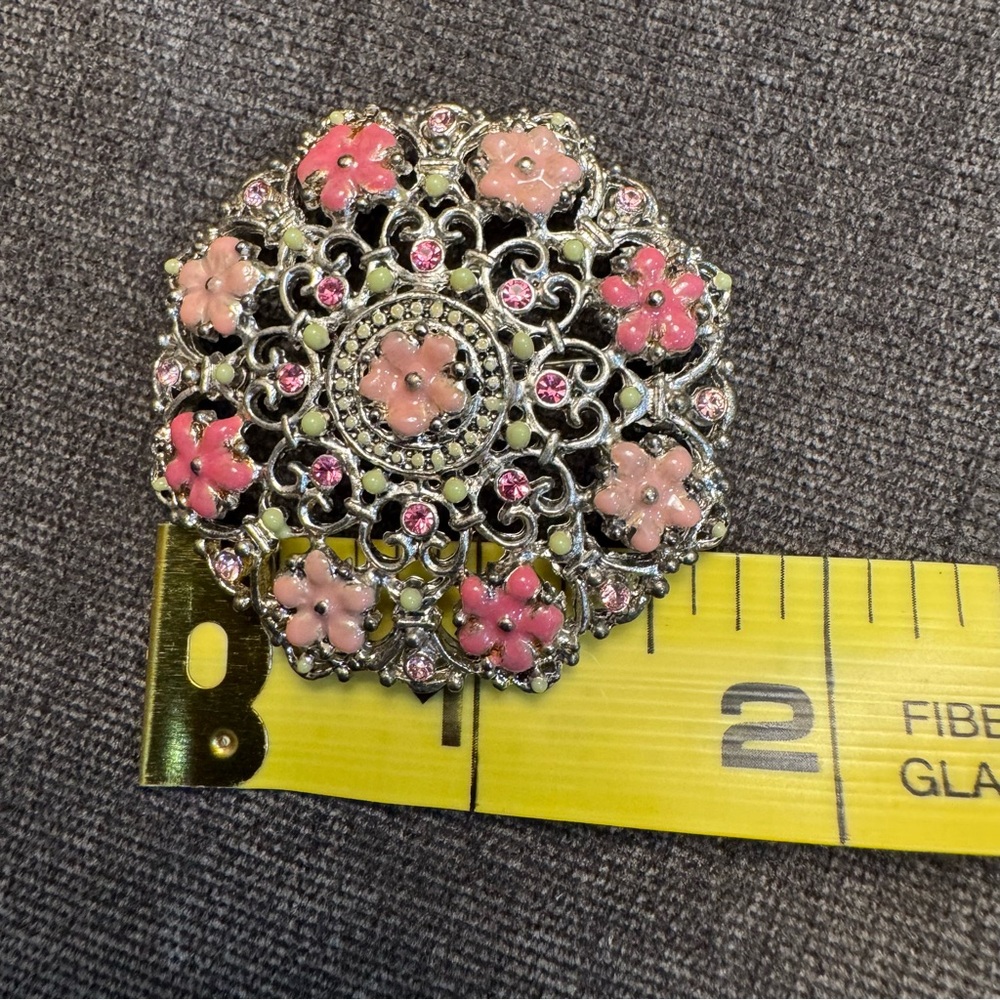 Vintage marked Monet Silver Tone Pink Rhinestone Beaded Enamel Brooch - Picture 3 of 3